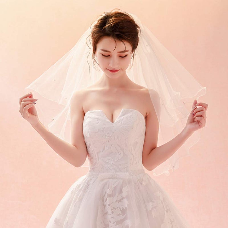 Korty Wedding Veil,White Bridal Veil with Comb, 3 Tier Ribbon Edge with Pearl Center Cascade for Bachelorette Party(White-3 Tier) - Image 5